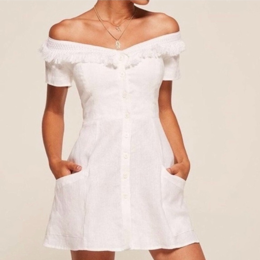 Reformation Monkey 100% Linen Off Shoulder Fringe Button-Up Mini Dress Size 2